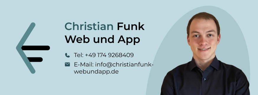 Christian Funk - Web und App Banner mit Christian Funk und möglichen Kontaktoptionen.